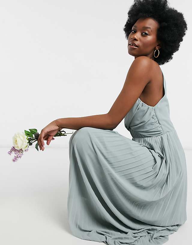 Asos TFNC Bridesmaid Pleated Wrap Detail Maxi Dress In Sage