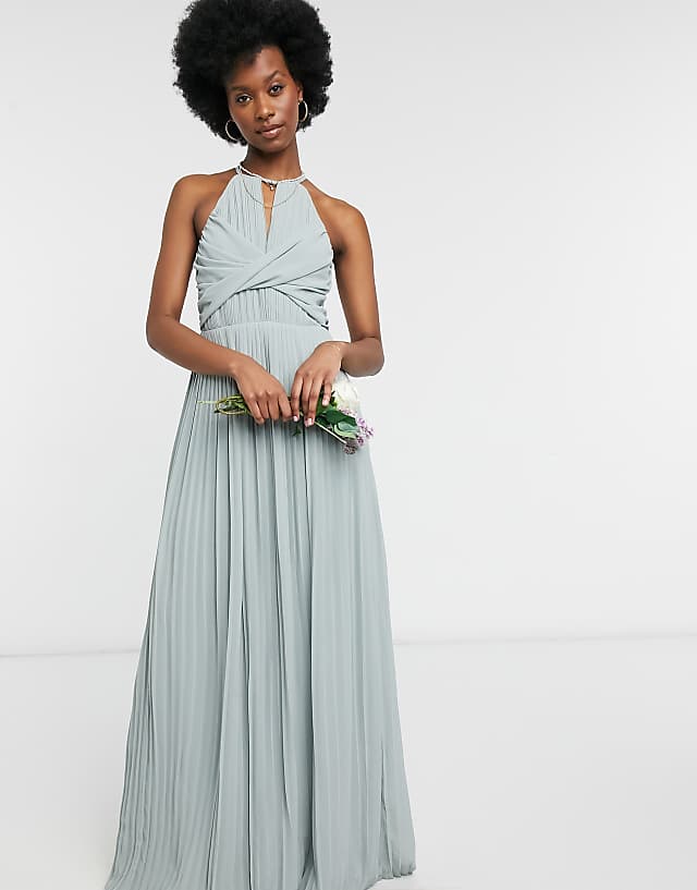 Asos TFNC Bridesmaid Pleated Wrap Detail Maxi Dress In Sage