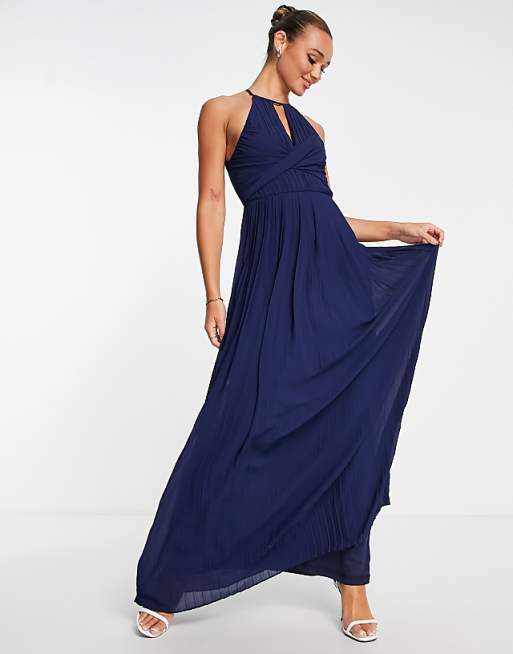 Asos TFNC Bridesmaid Pleated Wrap Detail Maxi Dress In Navy