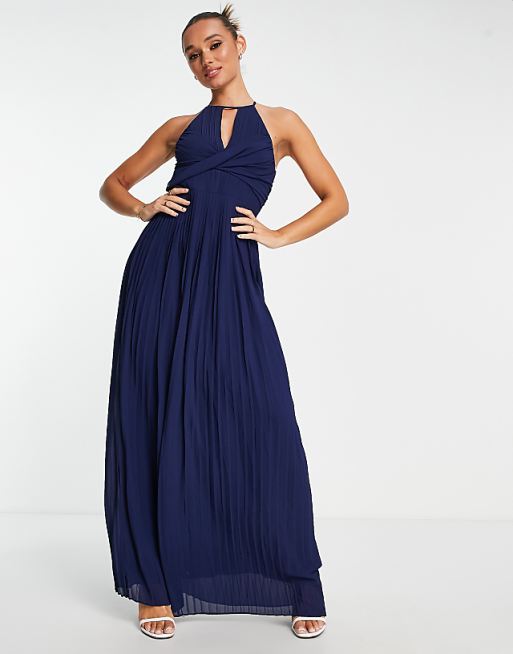 asos TFNC bridesmaid pleated wrap detail maxi dress in navy