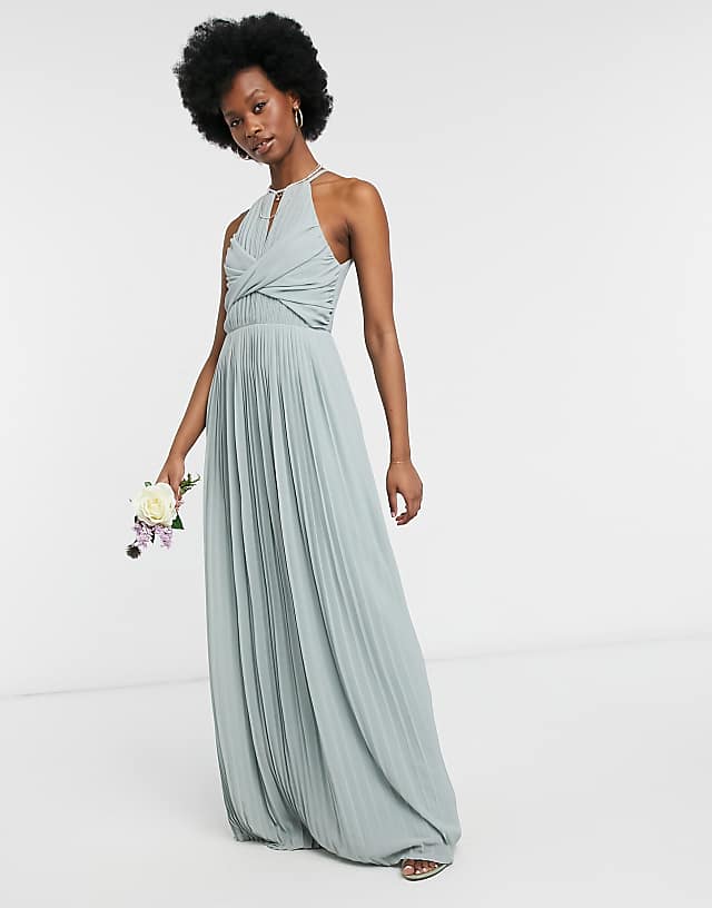 asos TFNC bridesmaid pleated wrap detail maxi dress in sage