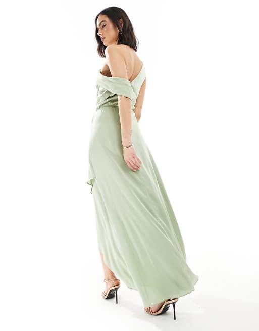 Asos TFNC Bridesmaid Satin Fallen Shoulder Maxi Dress With Wrap Skirt In Sage