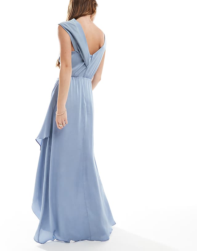 Asos TFNC Bridesmaid Satin Fallen Shoulder Maxi Dress With Wrap Skirt In Dusty Blue