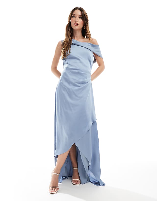 asos TFNC Bridesmaid satin fallen shoulder maxi dress with wrap skirt in dusty blue