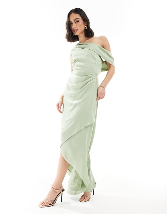 asos TFNC Bridesmaid satin fallen shoulder maxi dress with wrap skirt in sage