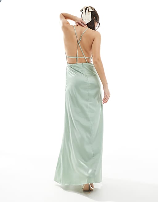 Asos TFNC Bridesmaid Satin Maxi Dress With Minimal Back Detail In Sage Green