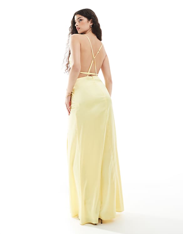 asos TFNC Bridesmaid satin maxi dress with minimal back detail in lemon