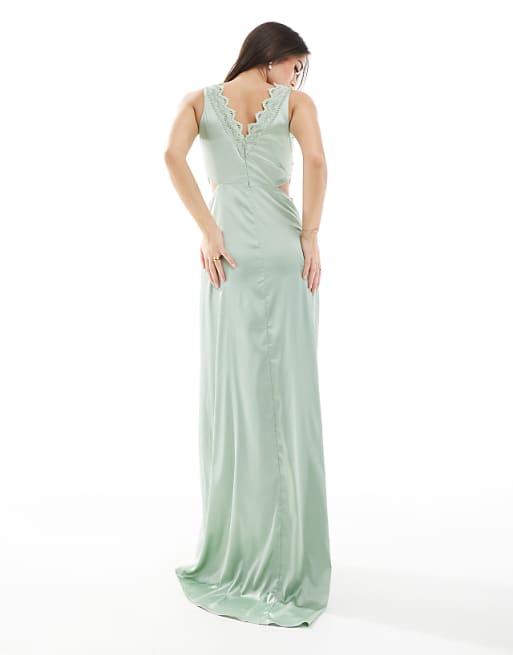 Asos TFNC Bridesmaid Satin Maxi Dress With Scalloped Lace Detail In Sage