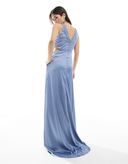 Asos TFNC Bridesmaid Satin Maxi Dress With Scalloped Lace Detail In Dusty Blue