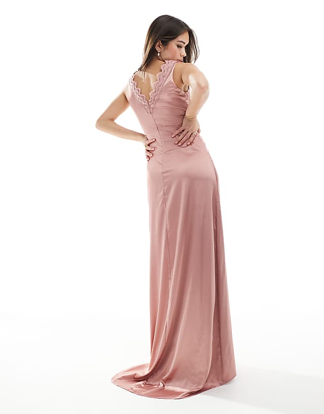 Asos TFNC Bridesmaid Satin Maxi Dress With Scalloped Lace Detail In Dusky Pink