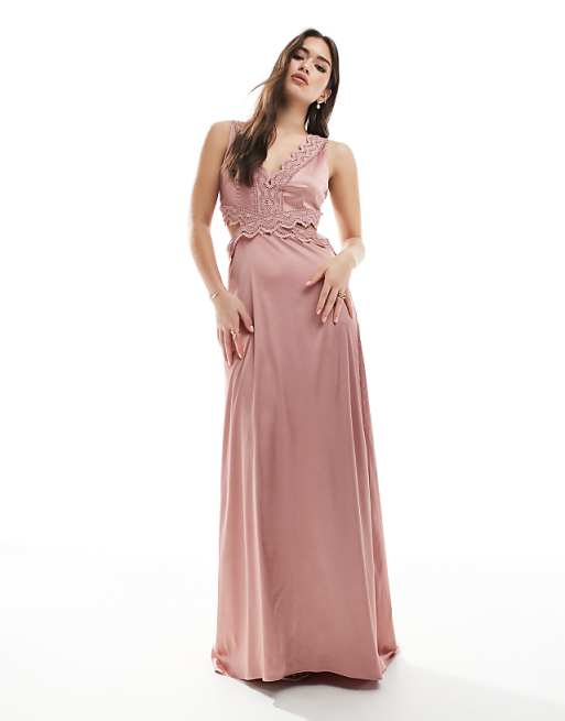 asos TFNC Bridesmaid satin maxi dress with scalloped lace detail in dusky pink