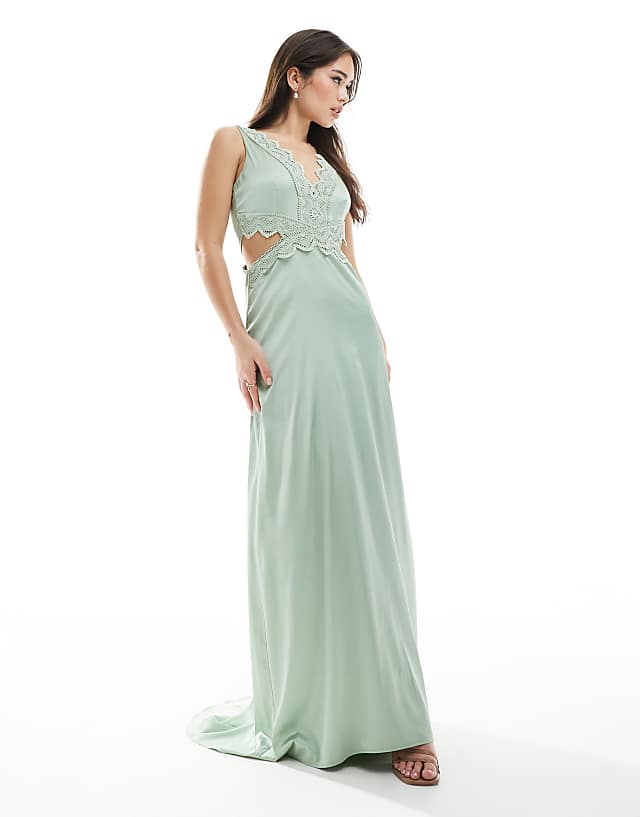asos TFNC Bridesmaid satin maxi dress with scalloped lace detail in sage