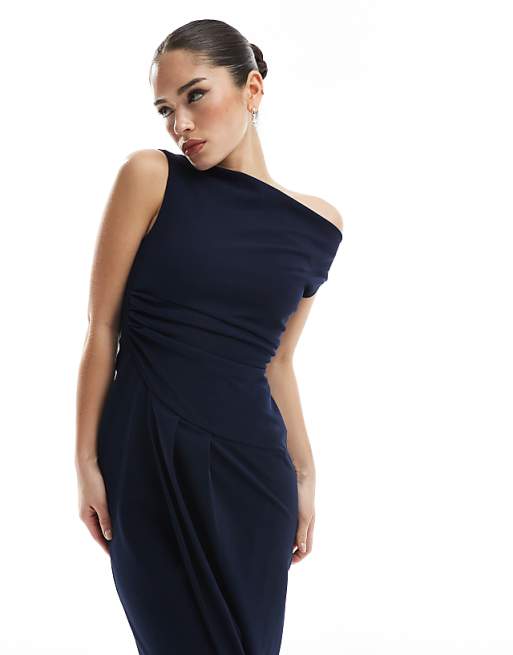 Asos TFNC Bridesmaid Slash Neck Maxi Dress With Ruching Detail In Navy