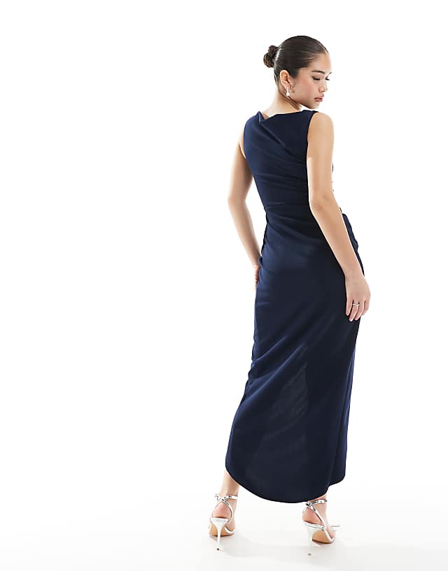 Asos TFNC Bridesmaid Slash Neck Maxi Dress With Ruching Detail In Navy