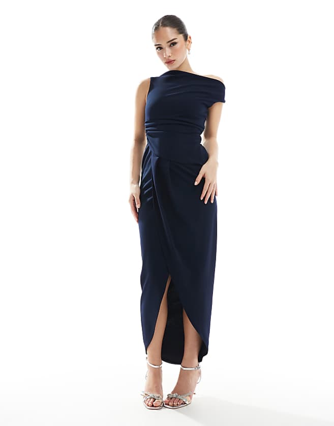 asos TFNC Bridesmaid slash neck maxi dress with ruching detail in navy