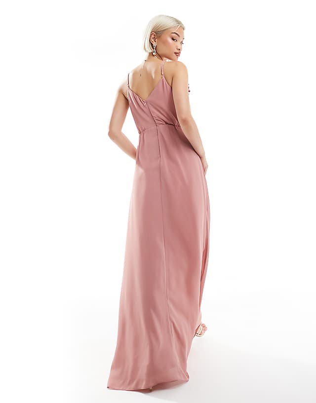Asos TFNC Bridesmaid Wrap Front Chiffon Maxi Dress With Frill Detail And Split In Dusky Pink