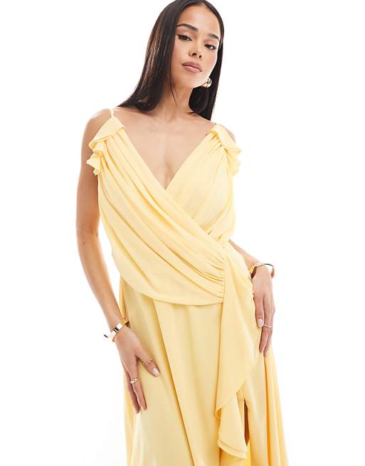 Asos TFNC Bridesmaid Wrap Front Chiffon Maxi Dress With Frill Detail And Split In Lemon