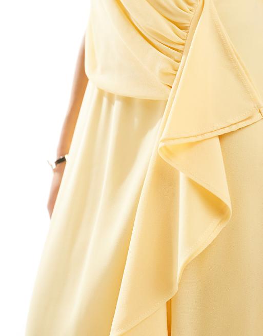 Asos TFNC Bridesmaid Wrap Front Chiffon Maxi Dress With Frill Detail And Split In Lemon