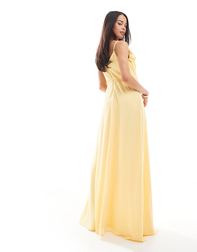Asos TFNC Bridesmaid Wrap Front Chiffon Maxi Dress With Frill Detail And Split In Lemon