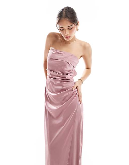 Asos TFNC Bridesmaids Bandeau Satin Maxi Dress With Tie Back In Mauve Pink