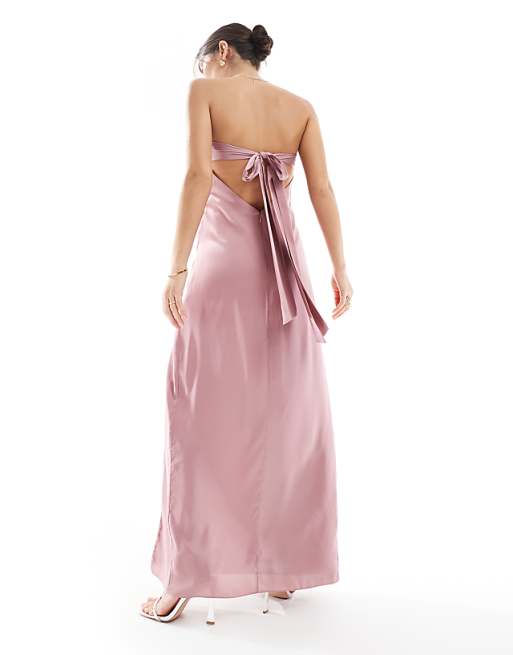 Asos TFNC Bridesmaids Bandeau Satin Maxi Dress With Tie Back In Mauve Pink