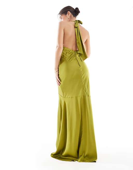 Asos TFNC Bridesmaids Cowl Halterneck Satin Maxi Dress In Olive
