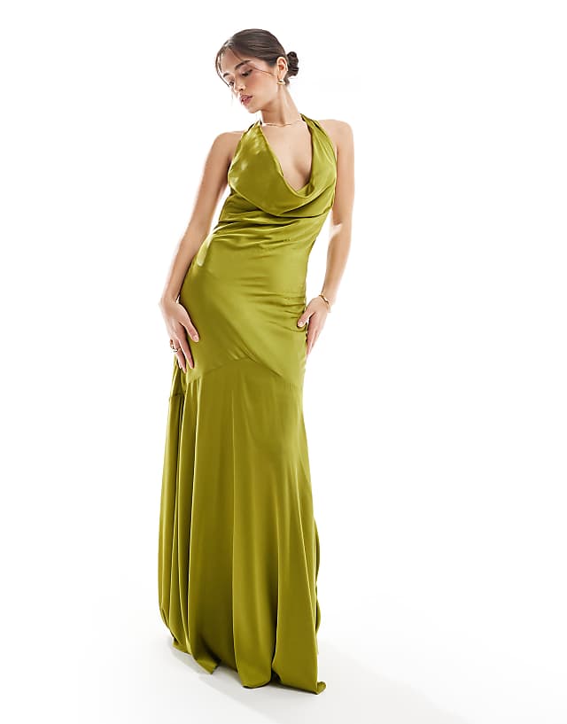 asos TFNC Bridesmaids cowl halterneck satin maxi dress in olive