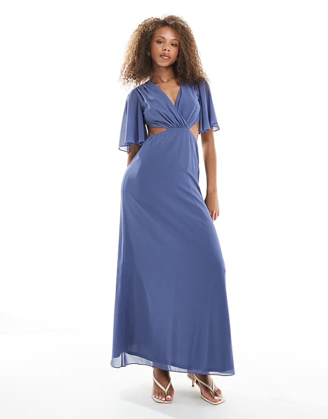 asos TFNC Bridesmaids flare sleeve cut-out maxi dress with bow back in dusky blue