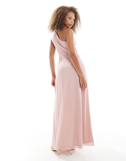 Asos TFNC Bridesmaids One Shoulder Drape Front Maxi Dress In Mauve Pink