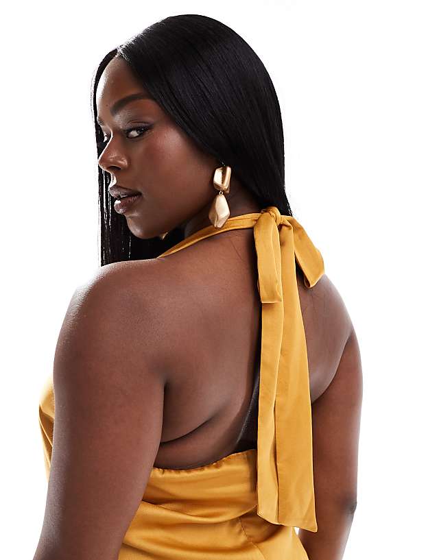 Asos TFNC Bridesmaids Plus Satin Halterneck Twist Front Maxi Dress In Marigold