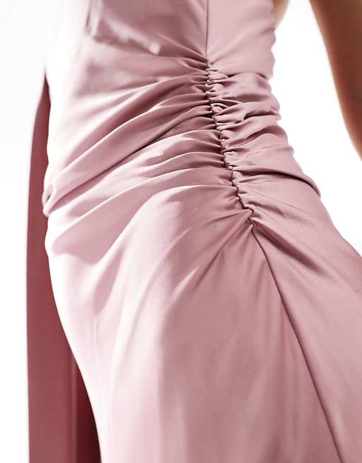 Asos TFNC Bridesmaids Satin Asymmetric Maxi Dress With Scarf Neck In Mauve Pink
