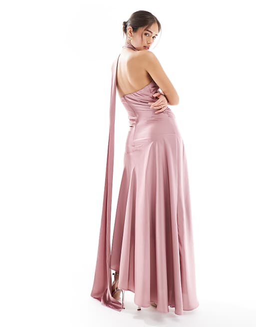 Asos TFNC Bridesmaids Satin Asymmetric Maxi Dress With Scarf Neck In Mauve Pink