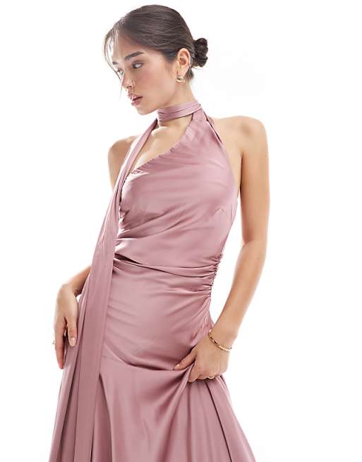 Asos TFNC Bridesmaids Satin Asymmetric Maxi Dress With Scarf Neck In Mauve Pink