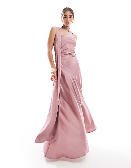asos TFNC Bridesmaids satin asymmetric maxi dress with scarf neck in mauve pink