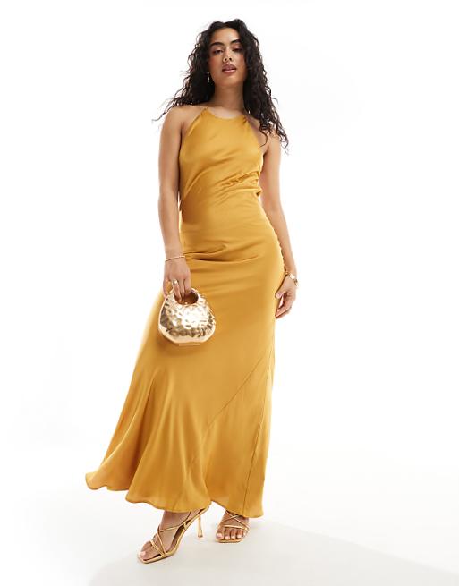 Asos TFNC Bridesmaids Satin Maxi Dress With Tie Back And Button Detail In Marigold