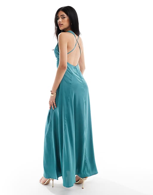 Asos TFNC Cowl Neck Satin Maxi Dress With Open Back In Teal