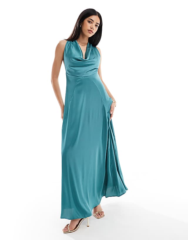 asos TFNC cowl neck satin maxi dress with open back in teal