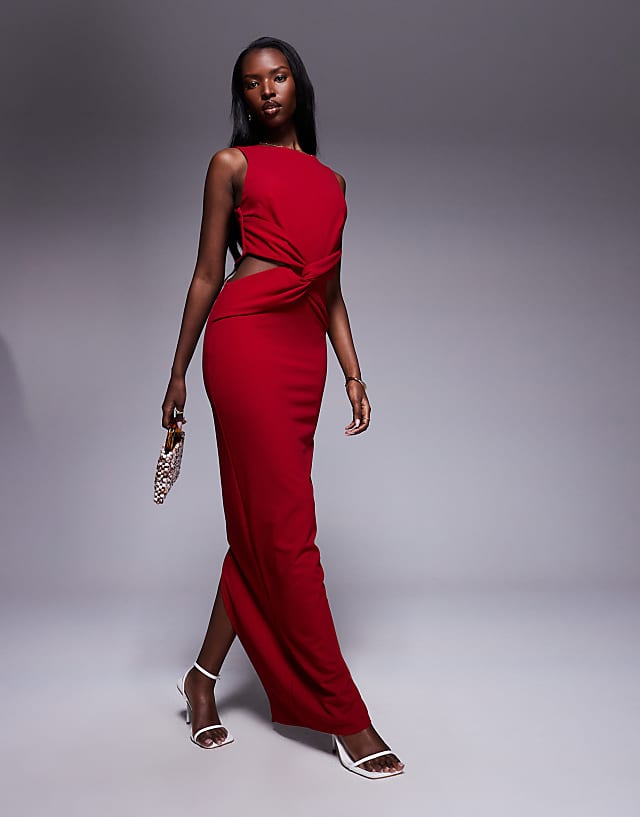 Asos TFNC Crepe Bodycon Maxi Dress With Cut-out Waist In Red