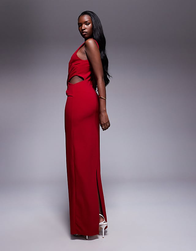 Asos TFNC Crepe Bodycon Maxi Dress With Cut-out Waist In Red