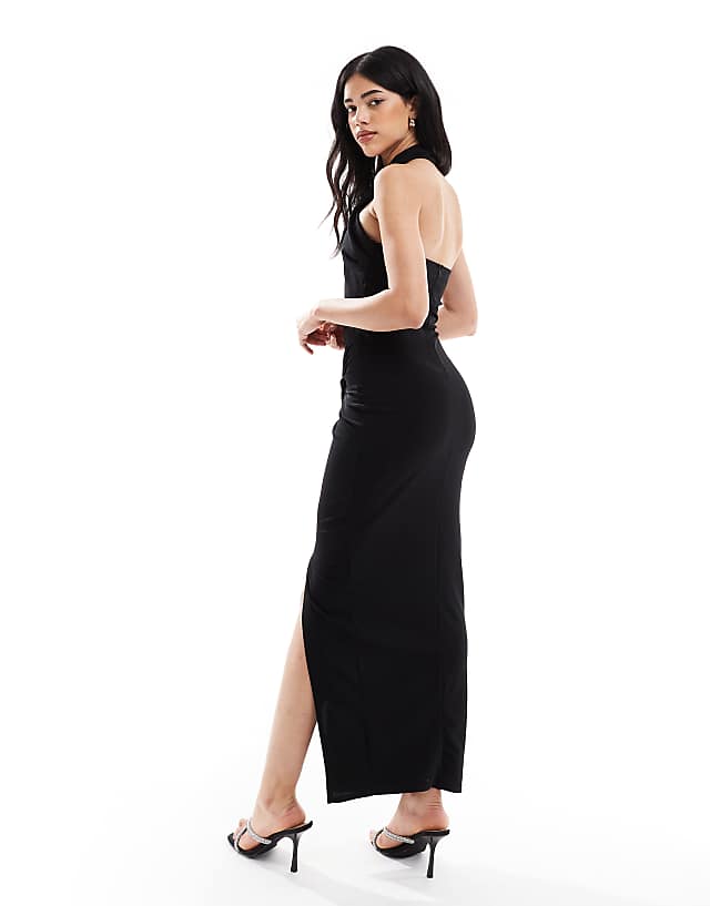 Asos TFNC Crepe Halter Neck Maxi Dress With Thigh Split In Black