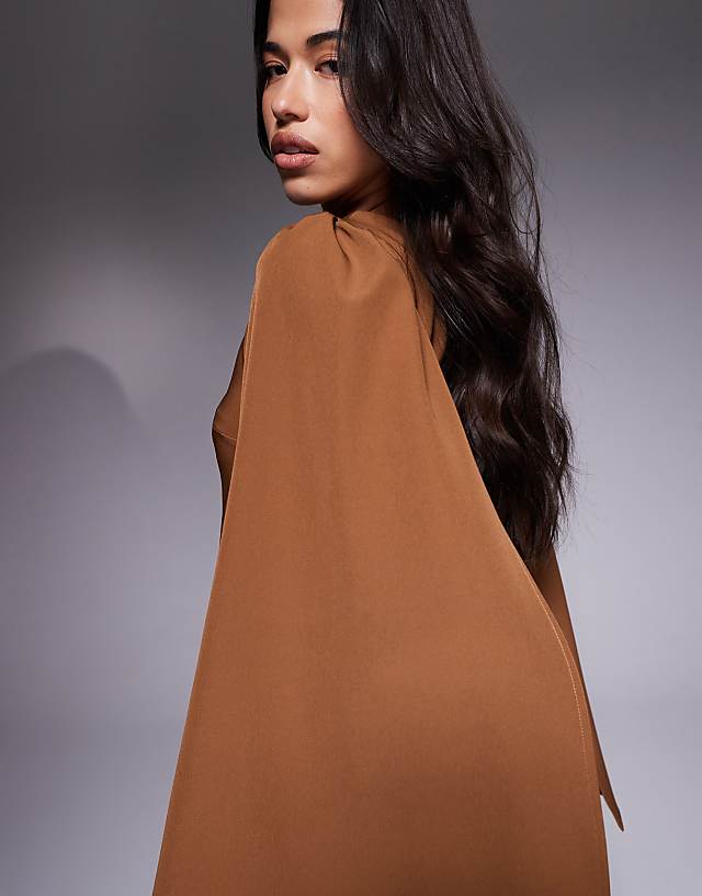 Asos TFNC Crepe Mini Dress With Cape Shoulders In Mocha