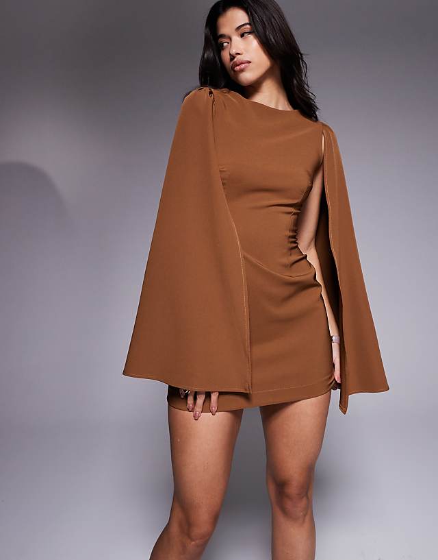 Asos TFNC Crepe Mini Dress With Cape Shoulders In Mocha