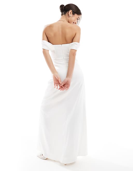 Asos TFNC Drop Shoulder Satin Corset Maxi Dress In White