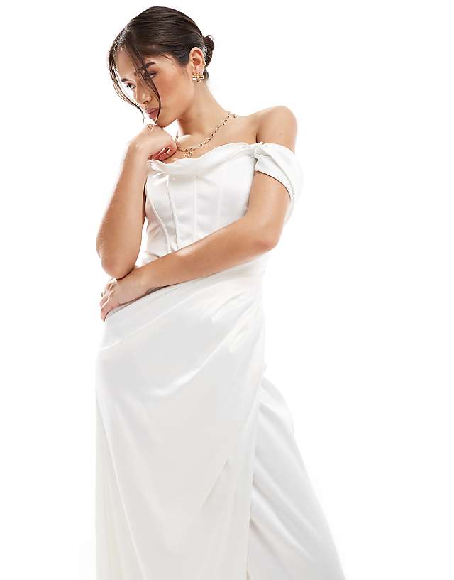 Asos TFNC Drop Shoulder Satin Corset Maxi Dress In White