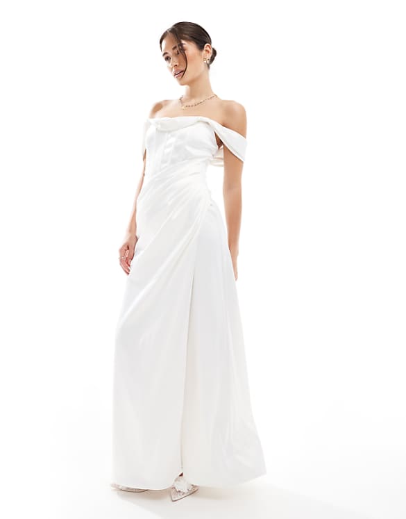asos TFNC drop shoulder satin corset maxi dress in white