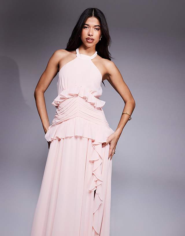 Asos TFNC Halter Neck Chiffon Maxi Dress With Ruffle Detail And Split In Soft Pink