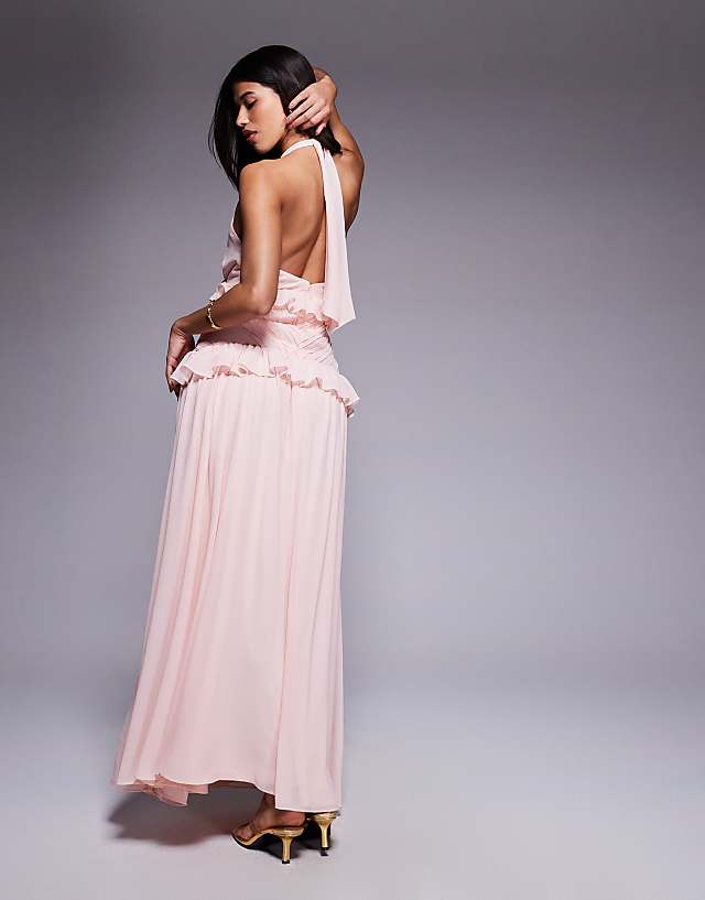 Asos TFNC Halter Neck Chiffon Maxi Dress With Ruffle Detail And Split In Soft Pink