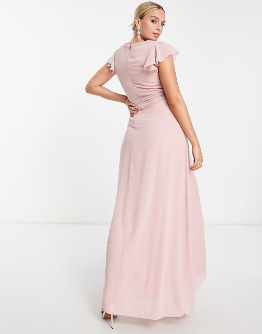Asos TFNC Maternity Bridesmaid Flutter Sleeve Ruffle Detail Maxi Dress In Blush