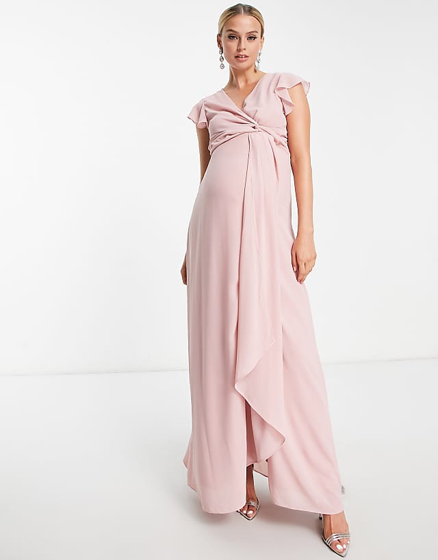 Asos TFNC Maternity Bridesmaid Flutter Sleeve Ruffle Detail Maxi Dress In Blush