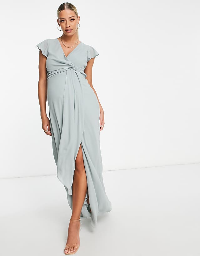 Asos TFNC Maternity Bridesmaid Flutter Sleeve Ruffle Detail Maxi Dress In Sage